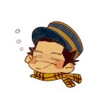  1boy black_hair blush brown_hair chibi cropped_shoulders golden_kamuy hat highres imperial_japanese_army kepi kotta_(pesan102) male_focus military_hat scar scar_on_face scar_on_nose scarf short_hair simple_background sleeping solo spiky_hair sugimoto_saichi white_background yellow_scarf 