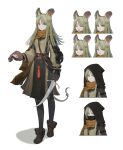  1girl animal_ears armor bag bangs boots breasts cloak closed_eyes dagger expressions eyebrows_visible_through_hair full_body green_eyes green_hair highres holding hood jun_(seojh1029) knife long_hair looking_at_viewer mouse_ears mouse_girl mouse_tail multiple_views original pouch scarf smile standing staring tail weapon white_background 