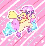  :3 animal_focus black_eyes blue_hair blush_stickers commentary_request from_side galarian_form galarian_ponyta gen_1_pokemon gen_8_pokemon happy jumping long_hair muguet multicolored_hair no_humans open_mouth outline pikachu pink_background pink_hair pokemon pokemon_(creature) riding smile sparkle star_(symbol) star_in_eye striped striped_background symbol_in_eye two-tone_hair unicorn white_outline 