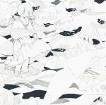  1girl bangs blush fish grey_eyes greyscale highres holding holding_clothes holding_skirt long_sleeves monochrome original pleated_skirt sailor_collar shirt short_hair sion_0d1m skirt solo white_hair white_sailor_collar white_shirt white_skirt 