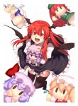  1girl bangs black_legwear black_skirt blonde_hair blue_bow blunt_bangs book bow braid character_doll crescent crescent_hat_ornament doll_hug flandre_scarlet hair_bow hat hat_ornament head_wings hong_meiling izayoi_sakuya juliet_sleeves kaiza_(rider000) koakuma long_hair long_sleeves mob_cap open_mouth patchouli_knowledge pointy_ears puffy_sleeves purple_hair red_bow red_eyes redhead remilia_scarlet revision sidelocks silver_hair simple_background skirt smile solo thigh-highs touhou twin_braids vest white_background wings |_| 