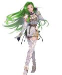  1girl annand_(fire_emblem) armor bangs belt black_gloves boots breastplate circlet dress elbow_gloves fire_emblem fire_emblem:_genealogy_of_the_holy_war fire_emblem_heroes full_body gloves green_eyes green_hair high_heels highres jewelry long_hair mayo_(becky2006) official_art shiny shiny_hair short_dress shoulder_armor simple_background sleeveless solo thigh-highs thigh_boots transparent_background white_dress zettai_ryouiki 