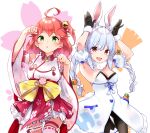  2girls animal_ears armpits arms_up bare_shoulders blush bunny_pose cowboy_shot highres hololive looking_at_breasts multiple_girls nontraditional_miko paw_pose rabbit_ears rabbit_girl redhead sakura_miko silver_hair triangle_mouth usada_pekora virtual_youtuber yuyaiyaui 