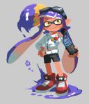  1girl badge bangs bike_shorts blunt_bangs button_badge closed_mouth dark_skin dark-skinned_female domino_mask eyebrows_behind_hair full_body goggles goggles_on_head grey_background hand_on_hip highres inkbrush_(splatoon) inkling jacket legs_apart long_hair long_sleeves mask nichi_(hibi_suimin) no_nose over_shoulder paint paintbrush pointy_ears purple_hair red_footwear shoes smile solo splatoon_(series) squid standing tentacle_hair very_long_hair white_jacket yellow_eyes 