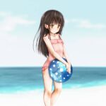  1girl absurdres ball beach beachball black_hair brown_eyes casual_one-piece_swimsuit clouds esan_(llamaesan) highres legs long_hair ocean one-piece_swimsuit original outdoors pink_swimsuit see-through sky solo swimsuit swimwear thighs v_arms 