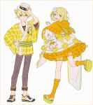  1boy 1girl alternate_costume animal_ears aqua_eyes arm_at_side back_bow blonde_hair blush_stickers bow capelet clenched_hand closed_mouth collarbone commentary dot_nose fake_animal_ears fingernails flower fortissimo frilled_capelet frilled_kimono frills from_behind full_body green_ribbon grey_pants hair_flower hair_ornament hairclip hakusai_(tiahszld) hand_on_headwear hand_on_hip hand_up happy hat japanese_clothes kagamine_len kagamine_rin kimono leg_up looking_at_viewer looking_back musical_note musical_note_print okobo open_mouth orange_capelet orange_legwear orange_ribbon orange_theme pants pin plaid plaid_kimono ribbon round_teeth shoes short_hair short_kimono simple_background smiley_face sneakers socks standing standing_on_one_leg striped striped_sash stuffed_animal stuffed_bunny stuffed_toy symbol_commentary tareme teeth thigh_strap upper_teeth vocaloid white_background white_flower white_headwear white_kimono x_hair_ornament yellow_bow yellow_flower yellow_footwear yellow_kimono yellow_nails yellow_theme 