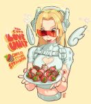  1girl blonde_hair breasts candy edpan english_text food food_in_mouth fruit halo headset highres lollipop long_hair midriff navel original red_eyes red_nails solo strawberry sunglasses wings 