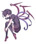  1girl absurdres asymmetrical_wings bangs black_dress black_hair black_legwear blue_wings closed_mouth collar dress eyebrows_behind_hair fetal_position frilled_collar frills full_body highres holding_legs houjuu_nue kame_(kamepan44231) looking_at_viewer pointy_ears red_eyes red_footwear red_neckwear red_wings short_hair simple_background solo thigh-highs touhou white_background wings 