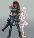  2girls ammunition blue_eyes dark_skin dark-skinned_female full_body gatling_gun green_shirt grey_background highres holster jewelry long_hair looking_at_viewer mask midriff multiple_girls necklace osakana_(denpa_yun&#039;yun) personification pui_pui_molcar redhead scar scar_on_face shiromo_(pui_pui_molcar) shirt short_hair simple_background single_tear sketch standing standing_on_one_leg teddy_(pui_pui_molcar) thigh_holster white_hair white_shirt 