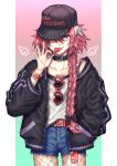  1boy astolfo_(fate) baggy_clothes belt black_nails bow braid braided_ponytail candy choker collar collarbone contemporary english_text fate/apocrypha fate_(series) fishnets food hair_bow hand_in_pocket hat heart heart-shaped_eyewear highres jacket kiritani846 lollipop long_hair looking_at_viewer male_focus nail_polish one_eye_covered otoko_no_ko pink_hair shorts single_braid smile solo sunglasses tank_top tongue tongue_out violet_eyes 