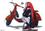  1girl ahoge bangs black_jacket black_skirt colored_skin grey_hair grey_skin ground_vehicle hair_down hololive hololive_indonesia jacket kureiji_ollie long_hair motor_vehicle multicolored_hair muramasa_dash patchwork_skin pink_hair redhead sc scooter skirt smile socks solo squatting sunglasses white_background 