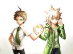  2boys ahoge black_pants brown_hair coat collared_shirt commentary_request cowboy_shot dangan_ronpa_(series) dangan_ronpa_2:_goodbye_despair green_coat green_eyes green_neckwear hair_between_eyes hand_on_hip hand_up hinata_hajime hood hood_down hoodie komaeda_nagito looking_at_viewer male_focus messy_hair multiple_boys necktie pants print_shirt shirt simple_background smile star_(symbol) striped white_background white_hair white_shirt youko-shima 