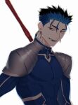  armor beads blue_hair bodysuit cu_chulainn_(fate)_(all) earrings fangs fate/stay_night fate_(series) gae_bolg_(fate) hair_beads hair_ornament highres htkym_1003 jewelry lancer long_hair looking_at_viewer male_focus muscular muscular_male open_mouth pauldrons pectorals ponytail red_eyes shoulder_armor simple_background skin_tight slit_pupils smile solo spiky_hair white_background 
