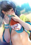  1girl baseball_cap black_hair brown_hair closed_eyes fumihiko_(fu_mihi_ko) hat highres hololive navel oozora_subaru outdoors scrunchie shirt shirt_lift short_hair solo striped sweat virtual_youtuber wrist_scrunchie wristwear 