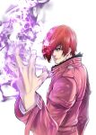  1boy aoki_masahiko closed_mouth commentary_request fingernails fire fur-trimmed_jacket fur_trim hair_over_one_eye hand_up highres jacket long_sleeves looking_at_viewer male_focus pants pink_jacket pink_pants purple_fire pyrokinesis red_eyes redhead short_hair simple_background smile solo the_king_of_fighters the_king_of_fighters_xiv white_background yagami_iori 