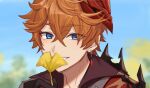  1boy bangs black_gloves blue_eyes blurry blurry_background day face genshin_impact gloves holding holding_leaf jewelry leaf male_focus mask mask_on_head mm3_gnsn orange_hair outdoors red_scarf scarf single_earring smile solo tartaglia_(genshin_impact) upper_body 