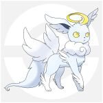  :&lt; animal_focus border closed_mouth colored_sclera commentary_request fluffy full_body grey_background looking_to_the_side muguet no_humans original poke_ball_symbol pokemon simple_background standing two-tone_background white_border white_eyes wings yellow_sclera 
