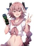  1boy :d astolfo_(fate) astolfo_monster_cosplay_(meme) braid braided_ponytail can fang fate/grand_order fate_(series) hair_ornament highres hinghoi holding holding_can long_hair male_focus meme monster_energy navel open_mouth otoko_no_ko pink_hair pink_sailor_collar pink_skirt sailor_collar school_uniform serafuku shirt short_sleeves simple_background skin_fang skirt smile solo upper_body v very_long_hair violet_eyes white_background white_shirt 