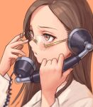  1girl brown_eyes brown_hair glasses hands_up holding holding_phone long_hair long_sleeves orange_background original parted_lips phone portrait shadow shirt simple_background solo white_shirt yu_kozato 