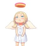  1girl angel angel_wings blonde_hair blue_eyes blush child doughnut dress drooling feet_out_of_frame food highres long_hair original simple_background sleeveless sleeveless_dress solo twintails white_background white_dress white_wings wings yu_kozato 