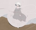  1girl abstract absurdres bangs barefoot black_eyes dress grey_dress hair_over_one_eye highres long_sleeves looking_at_viewer original short_hair sion_0d1m solo walking white_hair wide_shot 