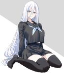  1girl alternate_costume azur_lane black_legwear blue_eyes blush breasts commentary_request eyebrows_visible_through_hair eyelashes large_breasts long_hair long_sleeves looking_at_viewer no_shoes sbs school_uniform smile solo sovetsky_soyuz_(azur_lane) thigh-highs white_hair 