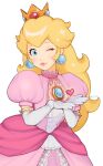  1girl blonde_hair blue_eyes crown dress earrings elbow_gloves gloves hands_together heart highres jewelry jivke long_hair looking_at_viewer super_mario_bros. one_eye_closed petticoat pink_dress princess_peach super_mario_bros. super_smash_bros. white_background white_gloves 
