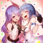  2girls animal_ears belt blue_hair braid bunny_girl closed_eyes confetti crop_top don-chan_(usada_pekora) gloves gradient_hair highres hololive hololive_indonesia moona_hoshinova multicolored multicolored_eyes multicolored_hair multiple_girls off_shoulder one_eye_closed purple_hair rabbit_ears ribbon shirt short_eyebrows sleeveless sleeveless_shirt smile starry_hair sue_(bg-bros) thick_eyebrows twin_braids usada_pekora virtual_youtuber 