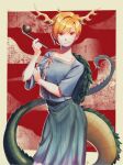  1girl bangs blonde_hair blue_shirt border collarbone commentary contrapposto cowboy_shot dragon_girl dragon_horns dragon_tail elosia eyebrows_visible_through_hair grin highres holding holding_pipe horns kicchou_yachie looking_at_viewer pipe red_background red_eyes shirt short_hair short_sleeves signature skirt smile solo standing tail touhou turtle_shell white_border 