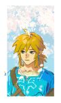  1boy ahoge blonde_hair blue_eyes border bright_pupils closed_mouth earrings hair_between_eyes highres jewelry link long_hair male_focus pointy_ears ponytail sankomichi shoulder_belt solo the_legend_of_zelda upper_body white_border white_pupils 