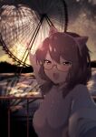  1girl :d alternate_costume animal_ears aran_sweater blurry blurry_background blush brown_eyes brown_hair commentary_request commission eyebrows_visible_through_hair fake_animal_ears ferris_wheel fireworks glasses hair_between_eyes holding_hands long_sleeves looking_at_viewer low_twintails nanana_napi night open_mouth outdoors outstretched_hand partial_commentary pointing pov pov_hands reflective_water semi-rimless_eyewear short_hair skeb_commission smile solo sunset sweater touhou twintails under-rim_eyewear upper_body upper_teeth usami_sumireko water white_sweater 