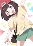  1girl :d beanie blue_eyes brown_hair commentary_request green_shorts hat ixy looking_at_viewer open_mouth pokemon pokemon_(game) pokemon_sm red_headwear round_teeth selene_(pokemon) shirt short_hair short_sleeves shorts smile solo standing teeth tied_shirt upper_teeth white_background white_shirt 