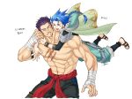  2boys ^_^ armlet asymmetrical_bangs bandaged_hands bandages bangs blue_hair bodysuit_under_clothes bracelet braid braided_ponytail capelet child closed_eyes cu_chulainn_(fate)_(all) earrings fangs fate/grand_order fate/grand_order_arcade fate_(series) fergus_mac_roich_(fate) floating_hair happy hood hood_down hooded_capelet hug jewelry korean_commentary korean_text long_hair male_focus multiple_boys muscular navel open_mouth pants ponytail puffy_pants purple_hair sandals sash scar scar_on_chest scar_on_face setanta_(fate) shirtless short_hair simple_background sloth_g_ya spiky_hair uppercut white_background 