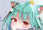  1girl :d ahoge animal_ear_fluff animal_ears animal_on_head bangs bird bird_on_head blood blood_splatter blue_hair blush cat_ears chick chromatic_aberration close-up ear_piercing ear_ribbon eyebrows_visible_through_hair eyelashes gradient_hair green_hair hair_ornament hair_ribbon highres holding holding_knife holding_weapon hololive knife looking_at_viewer low_twintails multicolored_hair on_head open_mouth piercing piyoko_(uruha_rushia) pom_pom_(clothes) portrait red_eyes ribbon short_hair short_twintails signature skull_hair_ornament smile solo twintails uruha_rushia virtual_youtuber weapon yandere yuujou_ryuu 