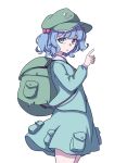  1girl absurdres aqua_eyes backpack bag bangs blouse blue_blouse blue_hair blue_skirt blunt_bangs cowboy_shot eyebrows_behind_hair flat_cap from_side green_bag green_headwear hair_bobbles hair_ornament hat highres index_finger_raised kame_(kamepan44231) kawashiro_nitori looking_at_viewer open_mouth short_hair simple_background skirt solo standing touhou twintails white_background 