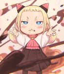  1girl blonde_hair blue_eyes blush bright_pupils chocolate chromatic_aberration dress feet_out_of_frame food food_on_face half-closed_eyes hands_up highres long_hair long_sleeves original solo white_dress white_pupils yu_kozato 