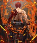  1boy bare_back blurry depth_of_field emiya_shirou facing_away fate/grand_order fate_(series) fire from_behind holding holding_weapon igote kdm_(ke_dama) limited/zero_over male_focus pants redhead sengo_muramasa_(fate) shirtless solo standing sword toned toned_male weapon wristband 