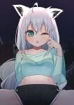  1girl ;o ahoge animal_ear_fluff animal_ears bangs bare_shoulders black_shorts blue_shirt braid breasts collarbone commentary_request crop_top ear_piercing eyebrows_visible_through_hair fox_ears fox_girl fox_tail green_eyes hair_between_eyes hand_up hololive long_sleeves looking_at_viewer midriff navel off_shoulder one_eye_closed open_mouth piercing see-through see-through_sleeves shirakami_fubuki shirt short_shorts shorts silver_hair sitting small_breasts solo spread_legs syhan tail virtual_youtuber 