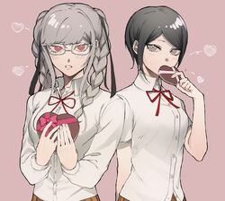  2girls arm_behind_back bangs black_hair black_ribbon blush box braid breasts brown_skirt collared_shirt dangan_ronpa:_trigger_happy_havoc dangan_ronpa_(series) dangan_ronpa_2:_goodbye_despair dress_shirt gift glasses grey_eyes grey_hair hair_ribbon hand_up hands_up heart holding ikusaba_mukuro long_hair long_sleeves looking_at_viewer multiple_girls neck_ribbon pekoyama_peko pink_background red_eyes red_ribbon ribbon school_uniform shiny shiny_hair shirt short_hair skirt suzumetarou translated twin_braids twintails upper_body valentine white_shirt 