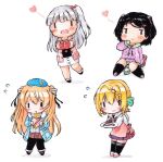  4girls alternate_costume apron bangs black_hair black_legwear blonde_hair blush braid braided_bangs chibi flying_sweatdrops hair_bun hair_ornament hair_ribbon hairclip heart heart_hair_ornament hood hooded_jacket jacket johnston_(kancolle) kantai_collection kneehighs light_brown_hair long_hair long_sleeves maestrale_(kancolle) mole mole_under_eye multiple_girls one_side_up open_mouth pantyhose perth_(kancolle) pink_apron pink_jacket plaid plaid_skirt pleated_skirt poipoi_purin ribbon scarf scirocco_(kancolle) silver_hair simple_background skirt smile thigh-highs two_side_up valentine wavy_mouth white_background 