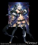 1girl ainezu animal_ears boots breasts collar_tug evertale gloves highres long_hair midriff official_art open_clothes open_shorts ponytail promotional_art red_eyes sheer_clothes short_shorts shorts solo_focus strap sword tail thigh-highs very_long_hair weapon white_hair zettai_ryouiki 