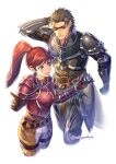  1boy 1girl armor belt black_armor breasts brown_hair eyepatch fire_emblem fire_emblem:_path_of_radiance fire_emblem_fates frostyvillager gloves haar_(fire_emblem) highres jill_(fire_emblem) long_hair long_ponytail medium_breasts open_mouth pants ponytail red_armor red_eyes redhead simple_background twitter_username white_background 