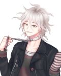  1boy absurdres artist_name bangs black_jacket chain collar collarbone commentary_request dangan_ronpa_(series) dangan_ronpa_another_episode:_ultra_despair_girls dated grey_eyes grey_hair hair_between_eyes hand_up hands_up highres holding jacket komaeda_nagito long_sleeves looking_at_viewer male_focus metal_collar mittens open_clothes shirt short_hair simple_background smile solo upper_body white_background zezzubou45 