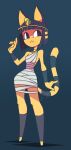  1girl absurdres animal_crossing animal_ears ankha_(animal_crossing) artist_name bandages bangs bare_shoulders barefoot blue_background blue_eyes blue_fur blue_hair blunt_bangs blunt_ends bob_cut body_fur breasts cat_ears cat_girl cat_tail circlet closed_mouth collarbone commentary dress egyptian egyptian_clothes english_commentary eyeliner full_body furry furry_female gradient_eyes grey_dress hair_ornament hand_up highres jewelry makeup making-of_available medium_breasts miss_zi_zi multicolored_eyes naked_bandage neck_ring no_feet no_nose purple_eyes purple_hair short_dress short_hair signature simple_background snake_hair_ornament solo standing striped_tail tail two-tone_fur underboob watermark yellow_fur 