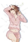  1girl bed_sheet brown_eyes brown_hair dakimakura_(medium) from_above highres hood hood_down hooded_sweater long_sleeves lying mashu_(masyu_ut) midriff misaka_mikoto navel on_back one_eye_closed open_mouth pink_shorts pink_sweater short_hair short_shorts shorts solo stomach sweater toaru_majutsu_no_index 