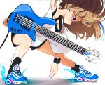  1girl brown_hair cable fire guitar long_hair looking_at_another nike original playing_instrument shorts sneakers standing sweatband violet_eyes white_background 