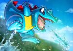 blurry clouds commentary_request day gen_2_pokemon kaosu_(kaosu0905) no_humans open_mouth outdoors pokemon pokemon_(creature) red_eyes sharp_teeth sky solo sparkle starter_pokemon teeth tongue totodile water water_drop 