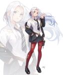  1girl absurdres black_footwear black_jacket black_skirt da-cart edelgard_von_hresvelg fire_emblem fire_emblem:_three_houses forehead full_body hand_in_pocket head_tilt highres jacket loafers long_hair looking_at_viewer miniskirt off_shoulder open_clothes open_jacket pantyhose pleated_skirt pouch red_legwear shirt shoes silver_hair simple_background skirt solo standing very_long_hair violet_eyes white_background white_shirt zoom_layer 
