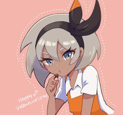  1girl alternate_costume apron bangs bea_(pokemon) blush bow_hairband chocolate_on_fingers collared_shirt commentary_request dark_skin dark-skinned_female eyelashes grey_eyes grey_hair gym_leader hair_between_eyes hairband hand_up happy_valentine heart highres looking_at_viewer orange_apron pink_background pokemon pokemon_(game) pokemon_swsh reji_rimaru shirt short_sleeves simple_background solo upper_body valentine white_shirt 