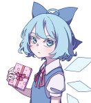 1girl absurdres bangs blue_bow blue_dress blue_eyes blue_hair bow box cirno closed_mouth collared_shirt dress eyebrows_behind_hair from_side gift gift_box hair_bow highres holding holding_gift ice ice_wings kame_(kamepan44231) looking_at_viewer neck_ribbon red_neckwear red_ribbon ribbon shirt short_hair short_sleeves simple_background solo touhou upper_body white_background white_shirt wings 